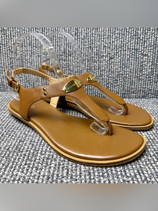 Michael Kors Shoes - Michael Kors MK Logo Plate T Strap Thong Sandals Luggage Brown Women’s 9M